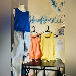 (3)Sleeveless Tie-Hem Tank Top - Blue, Coral & Yellow w FREE GAP DENIM PANTS!